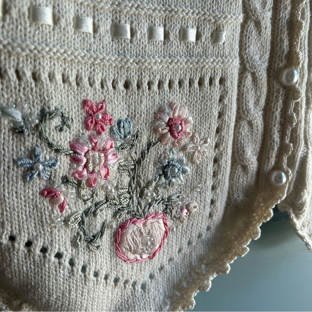 Vintage Knit Sweater Vest Beaded Embroidered Pearl Embellished Flower Cottage S - Picture 7 of 13
